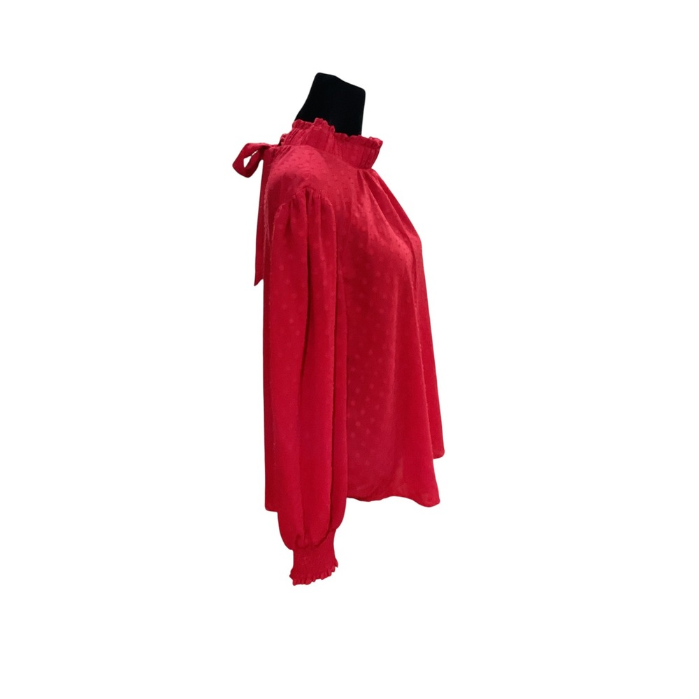 LOFT Red Clip Dot Blouse Ruffle Mock Neck Back Tie Long Sleeve Top  M polyester - Picture 3 of 5